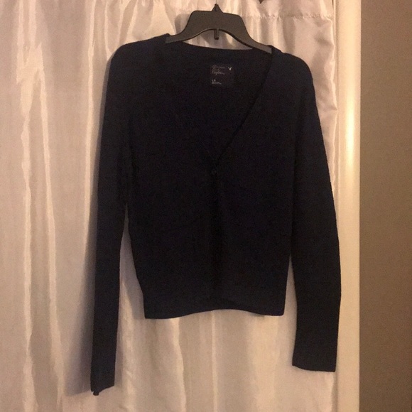 Classy Navy Button Down V-Neck Sparkle Sweater - Picture 1 of 8